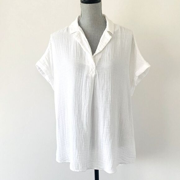beach lunch lounge Shirt sz L Cotton Waffle White Coastal Beach Minimalist - Picture 2 of 11